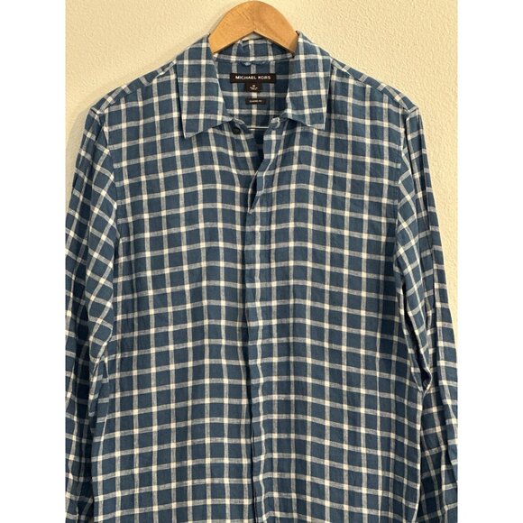 Michael Kors Men's Classic Fit Linen Shirt Blue Check Long Sleeve Button Up - Picture 3 of 16